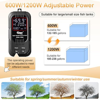 hygger Aquarium Heater, 600W/1200W Adjustable Power Fish Tank Heater with Digital Display External Controller, Automatic Power-Off Protection Heater for 132-238 Gallons Freshwater and Saltwater Tank - size: 600W/1200W Adjustable Power