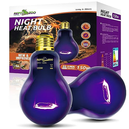 REPTI ZOO 2PCS Reptile Heat Lamp, 150W Night Heat Bulb Moonlight Bulb Purple Infrared Heating Lamp Simulate Natural Moonlight Night Heat Bulb for Reptile Amphibian - style: 150W Night Heat Lamp