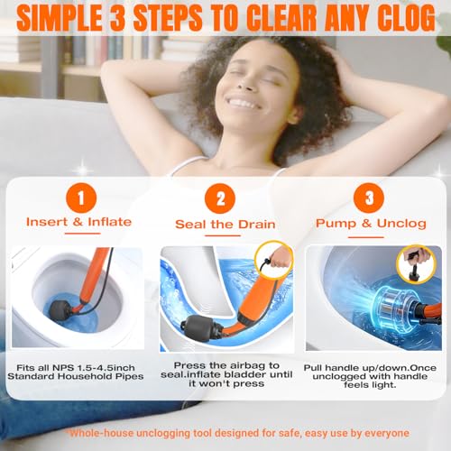 Toilet Unclogger Drain Auger Plunger for Kitchen,Sink,Bathroom,Shower,Floors Drain,No Extra Accessories, Lightweight & Easy to Use for Women & Elderly, Clog Remover Tool Fits NPS 1.5-4.5" Pipes | Kitchen, Sink, Bathroom, Shower, Floors Drain, No Extra Acc