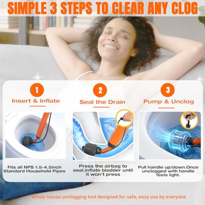 Toilet Unclogger Drain Auger Plunger for Kitchen,Sink,Bathroom,Shower,Floors Drain,No Extra Accessories, Lightweight & Easy to Use for Women & Elderly, Clog Remover Tool Fits NPS 1.5-4.5" Pipes | Kitchen, Sink, Bathroom, Shower, Floors Drain, No Extra Acc