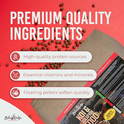 Blue Ridge Koi Fish Food 50lb - Koi Food 3/16” Large and Mini Blend Growth Formula, Goldfish Food, Premium Fish Food for Ponds, Ponds Fish Food, Floating Pond Pellets - size: 50 Pound (Pack of 1)