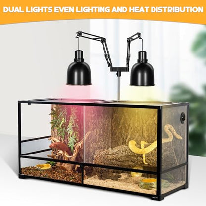 Reptile Heat Lamp Stand, Dual Reptile Light Stand with Two Flexible Bracket | Adjustable Heat Lamp Stand (15.7-74.3inch） with 360° Swing Arm and Anti tip Clip for Bearded Dragon Turtles Snake