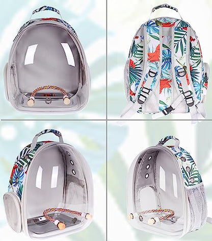 Bird Traval Carrier Cage, Clear Space Capsule Astronaut Backpack to Carry Parakeet Cockatiel Parrot with Metal Tray Wooden Perch and Bird Feeder, Vet Transport Book Bag Floral Printed - color: Floral