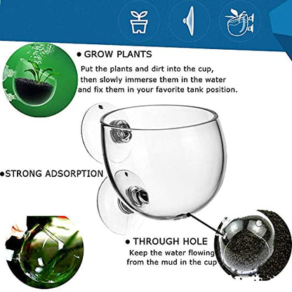 Tfwadmx Aquarium Plant Holder Pot Aquarium Decor Crystal Glass Aquatic Plant Cup with Suction Cups for Fish Tank Aquascape Decoration (4 Pack)