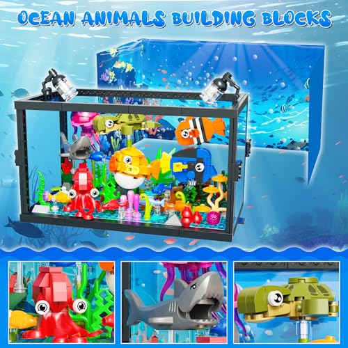 8 in 1 Aquarium Building Sets with Light, Compatible with Lego Fish Tank Building Kits Including Sharks, Turtles, Octopus, Sea Animal Party Favor Toys for Boys Girls Kids Aged 8-12, 640PCS