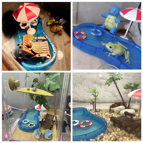 Tree Frog Tank Accessories - Novelty Pool Theme Set Turtle Habitat Decoration Reptile Water Food Bowl for Amphibian Aquatic Frog Toad Lizard Leopard Gecko Hermit Crabs Snake Spider Scorpion (Pool Set)