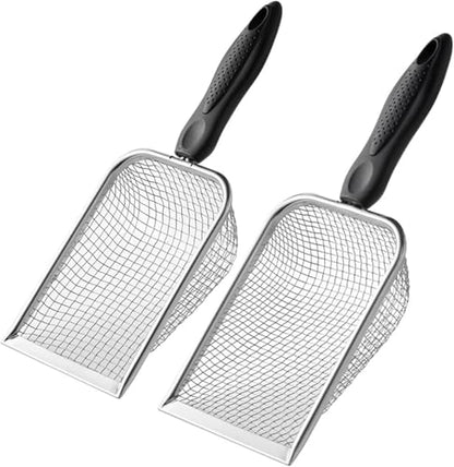 Chicken Coop Poop Scooper 2 Pack, Stainless Steel Sifting Shovels | 3.8mm & 5mm Mesh Sand Sifting Litter Shovel Tool for Chicken Coops Sand, Cat Litter and Bedding Cleaning, 2 adhesive hooks
