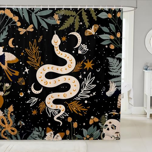 Snake Shower Curtain Sun And Moon Bath Curtain Moth Sugar Skull Bathroom Sets For Kids Boys Girls Galaxy Starry Sky Butterfly Animal Fabric Curtains Sets Waterproof 72"W x 72"L Black with 12 Hooks - color: Pattern 07, size: 72"W x 72"L (Pack of 1)