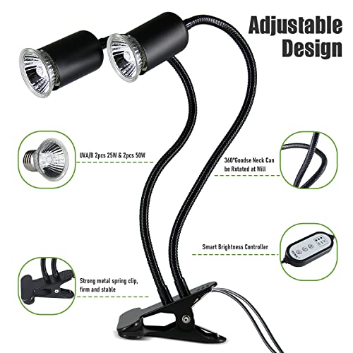 TFNN Reptile Heat Lamp, Double-Head Heat Lamp with Clamp, UVA UVB Reptile Light with Intelligent Cycle Timer for Turtle, Bearded Dragon, Lizard and More, 2 Bulbs 25W+50W
