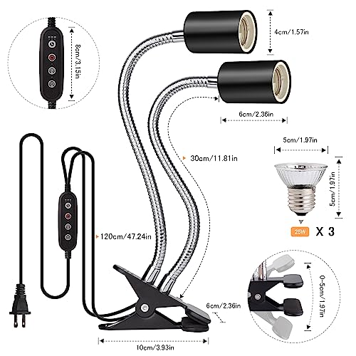 Reptile Heat Lamp, Double-Head Reptile Light Timer, UVA UVB Reptile Light with Clamp for Tortoise, Leopard Gecko, Bearded Dragon, Lizards and More, E26/27 Base with 3 Bulbs - style: Dual-Head-Lamp