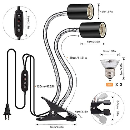 Reptile Heat Lamp, Double-Head Reptile Light Timer, UVA UVB Reptile Light with Clamp for Tortoise, Leopard Gecko, Bearded Dragon, Lizards and More, E26/27 Base with 3 Bulbs - style: Dual-Head-Lamp