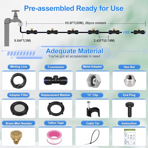 GOXAWEE Misting System, 75FT (23M) Misting Line + 28 Brass Mist Nozzles + Brass Adapter(3/4"), Misters for Outside Patio Cooling Outdoor Garden Greenhouse Trampoline for Waterpark - size: 75 ft