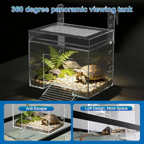 Adjustable Turtle Basking Platform, 7.8 x 5.5 x 5.5 Inch Above Tank Topper with Ramp for Small and Medium Aquatic Turtles, Transparent Acrylic Turtle Aquarium Dock Accessories
