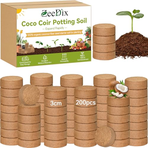 200 Pack 30mm Organic Coco Coir Pellets Seed Starter Soil | Low EC, pH Balance, Potting Soil Mix, Indoor Outdoor Plants, Herbs Houseplants Bonsai Vegetables Flowers - size: 30mm-200pack