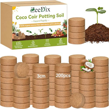 200 Pack 30mm Organic Coco Coir Pellets Seed Starter Soil | Low EC, pH Balance, Potting Soil Mix, Indoor Outdoor Plants, Herbs Houseplants Bonsai Vegetables Flowers - size: 30mm-200pack