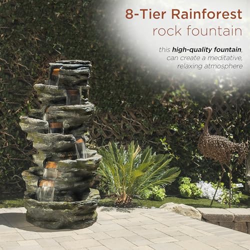 Alpine Corporation WIN1146 Outdoor Floor Cascading 8 Tiered Rock Garden Water Fountain with LED Lights, 58", Gray - style: 58" H - 8-Tier Warm White LEDs