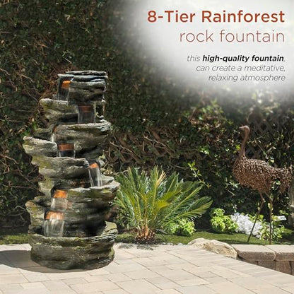 Alpine Corporation WIN1146 Outdoor Floor Cascading 8 Tiered Rock Garden Water Fountain with LED Lights, 58", Gray - style: 58" H - 8-Tier Warm White LEDs