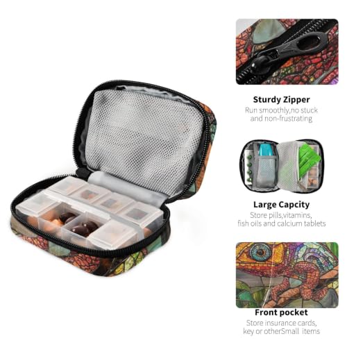 Medicine Bag Portable Pill Organizer for Purse Stained Glass Reptile | with Detachable Compartments,portable for purse