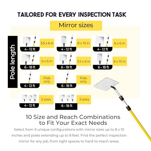 Inspection Mirror - Telescoping Heavy Duty, Lightweight & Durable, 6 ft - 18 ft Pole, 3.5 x 6 inch Acrylic Mirror - size: 3.5 x 6 inch Acrylic Mirror, style: 6 ft - 18 ft Pole