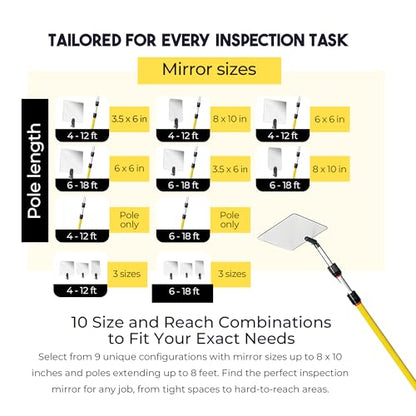 Inspection Mirror - Telescoping Heavy Duty, Lightweight & Durable, 6 ft - 18 ft Pole, 3.5 x 6 inch Acrylic Mirror - size: 3.5 x 6 inch Acrylic Mirror, style: 6 ft - 18 ft Pole