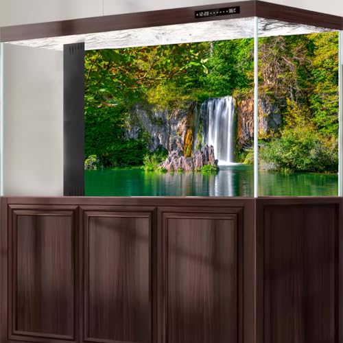 Scenic Waterfalls Aquarium Background Scenic Spring Falls Forest Fish Tank Background Stunning Summer Mountain Tranquil Lake Terrarium Backgrounds Cascading Waterfall Reptile Tank Backgrounds 24x12in - color: Dark Green, size: 24(W)x12(H)in