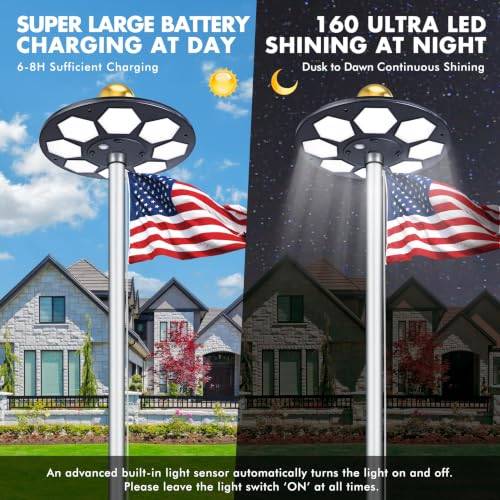 Solar Flag Pole Light, 160 LED 2000Lumens, 16 H Lighting for 15-30 Ft Poles | Solar Powered, 4000 mAh, Full Flag Coverage, IP65 Waterproof, Dusk to Dawn Auto On/Off, Multi-Angle, Rechargeable, White - color: Black