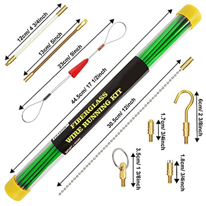 21 Feet Fiberglass Fish Tape Cable Rods, Electrical Wire Running Pull/Push Kit with Hook and Hole Kit Glow Rod, Hook Hole, Green - size: 21FT