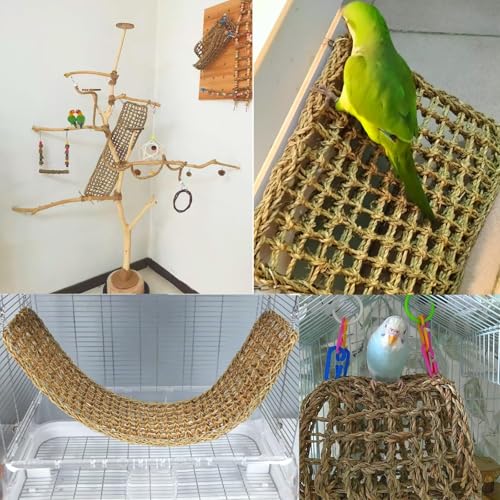 2Pcs Bird Seagrass Mat 30 × 7" Natural Grass Woven Net Hammock with Hooks Climbing Rope Ladder Chew Toys Hanging on Parrot Cage for Lovebird Pigeon Cockatiel Conure Budgie Cockatoo - size: 2Pcs 29.5" × 7"
