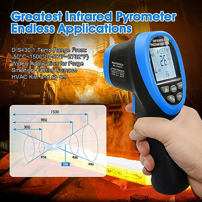 Pyrometer 30:1 Non-Contact High Temp Thermometer Gun-58℉ to 2732℉ (-50℃ ~ 1500℃) IR Thermometer Gun with Mobile APP for Pizza ovens, Kiln, Forge RQ-1500APP【Not for Human】