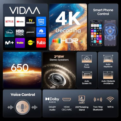 Smart Projector 4K [VIDAA Live TV & 36W Dolby & Voice Control] with WiFi6 and Bluetooth, Short Throw Projector Compatible with Netflix, AI Auto Focus, HDR10, Home Theater Proyector for Outdoor Movies