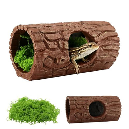 Realistic Tree Trunk Hideout with Artificial Moss, Resin Reptile Shelter for Crested Geckos, Tree Frogs & Aquarium Fish, 14.8x7.2cm Natural Decor for Terrariums(as Shown)