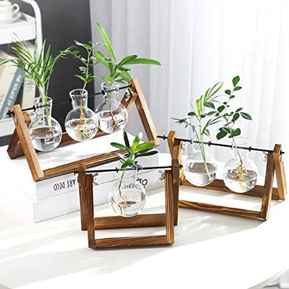 Kingbuy Plant Propagation Station Bulb Vase, 1 Bulb Vase | Air Plant Terrarium, Wooden Swivel Holder, Desktop Glass Planter, For Indoor Water Plants - size: 1 Bulb Vase