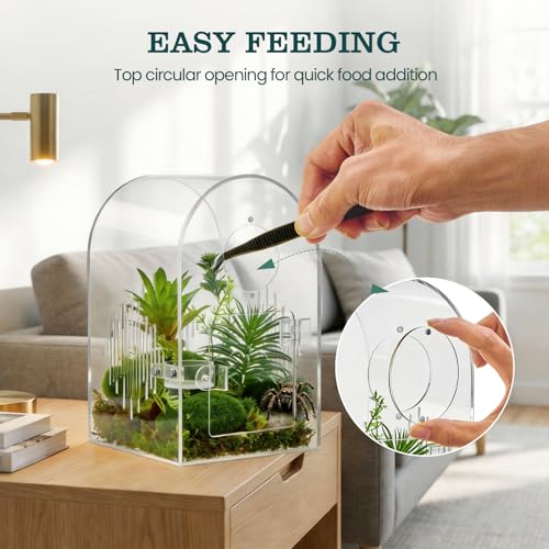 Jumping Spider Enclosure Kit, Clear Acrylic, No Assembly Needed | Micro-vent airflow, 360-degree view, Pre-assembled, Magnetic feeding dish, Tweezers included, For spiderlings and mantises
