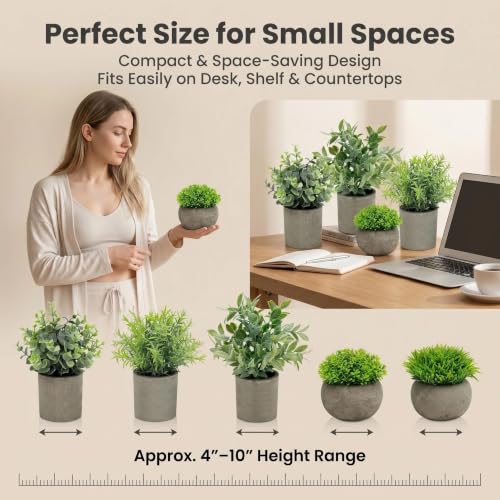 AUUGUU Artificial Potted Plants Faux Greenery in Cement Pots for Shelf, Bookshelf, Office or Home Decor, Small Decorative Fake Plants for Modern Indoor Display