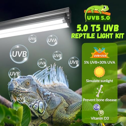 GlowUp 22inch 24W T5 5.0 UVB Light for Reptiles Light Fixture Combo Kit Reptile Lamp Tube Terrarium Hood UVB Light for Bearded Dragon Rainforest Dwelling Reptiles, Chameleons, Iguanas, Turtles