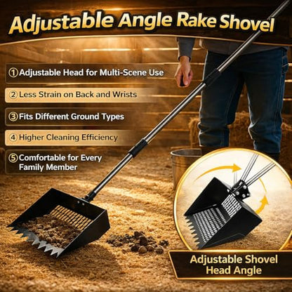 Chicken Poop Scooper & Rake 3-in-1, Adjustable Long Handle (32–63"), 12" Wide Dual-Mesh Sifting Shovel + Mini Fine-Mesh Sifter Scoop, Stainless Steel Coop Litter Scoop for Sand/Shavings/Pellets