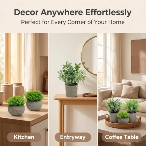 AUUGUU Artificial Potted Plants Faux Greenery in Cement Pots for Shelf, Bookshelf, Office or Home Decor, Small Decorative Fake Plants for Modern Indoor Display