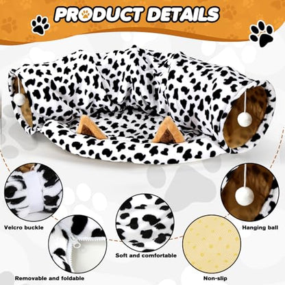 Spardar 2-in-1 Bunny Tunnel Bed, with Removable Mat Hideout, Cow | Collapsible Tunnel Tubes Toys, Washable, Interactive Toys for Rabbits, Chinchilla, Hedgehog, Guinea, Kitty - color: Cow