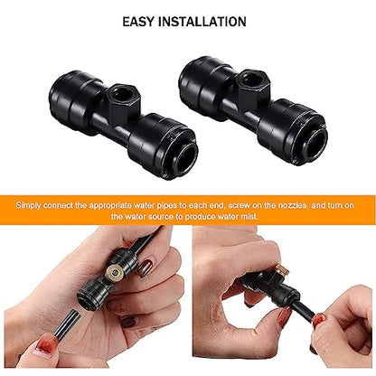 Brass & Black Misting Nozzles Kit - 20pcs Mister Nozzles & Tees with 2pcs Plugs for 1/4" Tubing and Outdoor Patio System