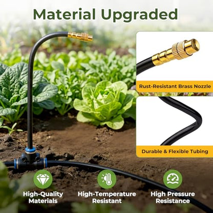 50FT Drip Irrigation Kit, 360° Adjustable Garden Watering System with 1/4" Tubing, Brass Misting Nozzles, DIY Irrigation System for Plants, Raised Beds, Greenhouse - size: 50FT