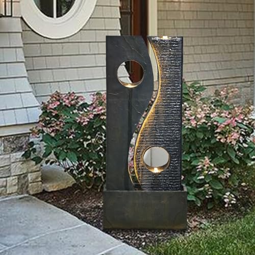 Tankana Water Fountain Outdoor Indoor - Garden Waterfall Modern Large Freestanding Water Feature Fountains Faux Rust Finish with LED Lights for Patio Yard Pool Home Decor, 47 inches