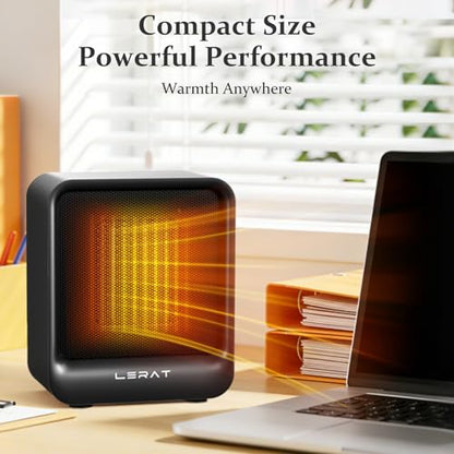 Lerat Space Heater, Portable Mini Heater for Indoor Use, 500W Fast Heating Small Desk Heater with Overheating & Tip-Over Protection, Lightweight Electric Heaters for Office, Home, Camping，Black