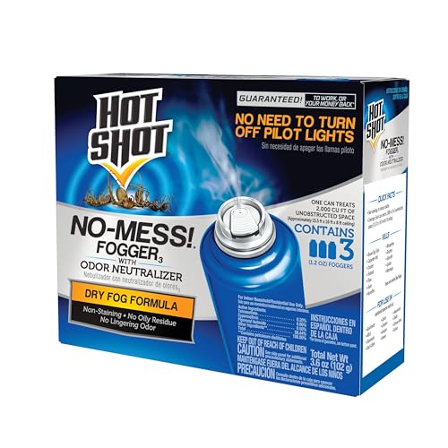 Hot Shot No-Mess! Fogger With Odor Neutralizer 3 Count-1.2 Ounce Cans, Kills Hidden Bugs, No Need To Turn Off Pilot Lights | Kills Hidden Bugs on Contact, Use in Apartments, Homes, Attics, Basements, Cabins & More, Treats 2,000 Cu. Ft., Non-Staining - siz
