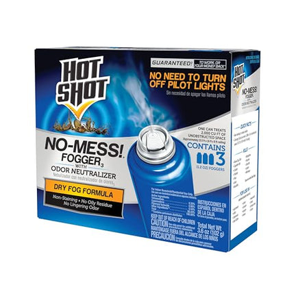 Hot Shot No-Mess! Fogger With Odor Neutralizer 3 Count-1.2 Ounce Cans, Kills Hidden Bugs, No Need To Turn Off Pilot Lights | Kills Hidden Bugs on Contact, Use in Apartments, Homes, Attics, Basements, Cabins & More, Treats 2,000 Cu. Ft., Non-Staining - siz
