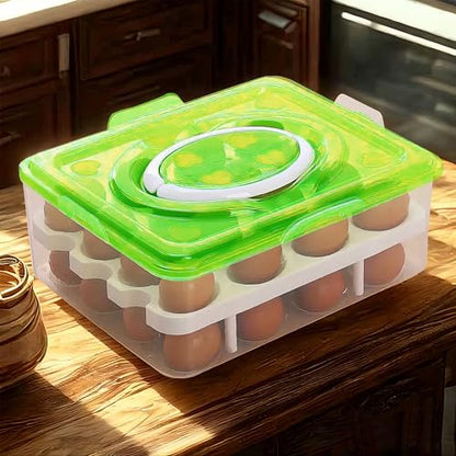 Ortable Large Capacity Double-layers Egg Storage Container Holds 24 Eggs Shatter-proof Non-slip Eggs Holder with Handle (Green) - color: Green