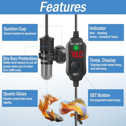 Super Mini Aquarium Heater 20W Betta Heater for 2-4 Gallon Tanks, Small Fish Tank Heater Turtle Heater with Dry-Run/Overheat Protection, Memory Function - size: For Tanks ≤ 4 Gal