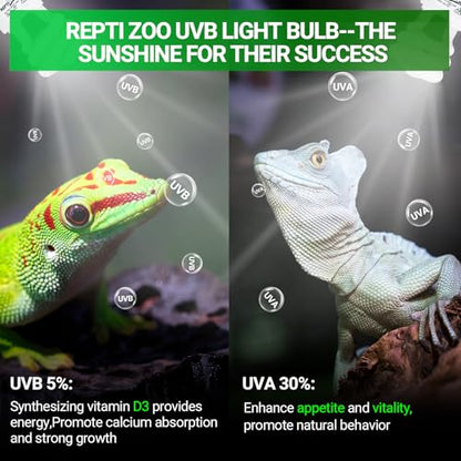 REPTI ZOO UVB Light for Tropical Reptile, 2 Pack 5.0 15W UVA UVB Reptile Light Bulb, UVB Lamp for Crested Gecko Leopard Gecko Frog Toad Snake Chameleon - size: 5.0 15W