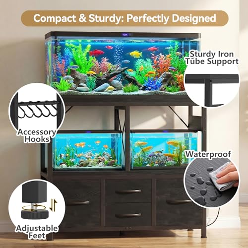 Heybly 40-50 Gal Fish Tank Stand with Drawer, Power Outlet, Black HAS004BK | Aquarium Stand, Heavy Duty, for Fish Tank, Turtle & Reptile Terrarium, 36.2" L × 18.1" Top, 660lbs (Top)+330lbs(Mid) - color: Black, size: 40-50 gal
