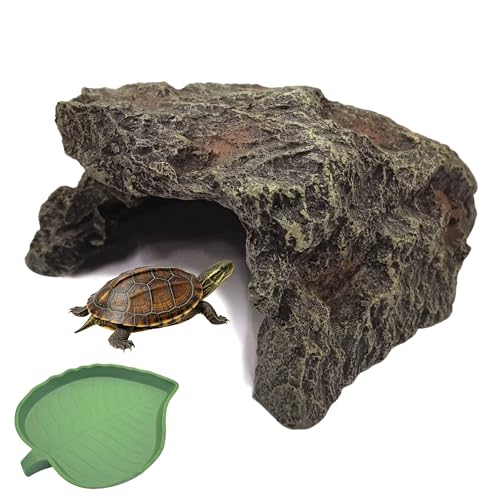 M2cbridge Fish Reptile Hideout Cave Terrarium Amphibians Habitat | Natural color careful craft, resting spot, solid and sturdy, water dish - style: Cave+ Water Dish