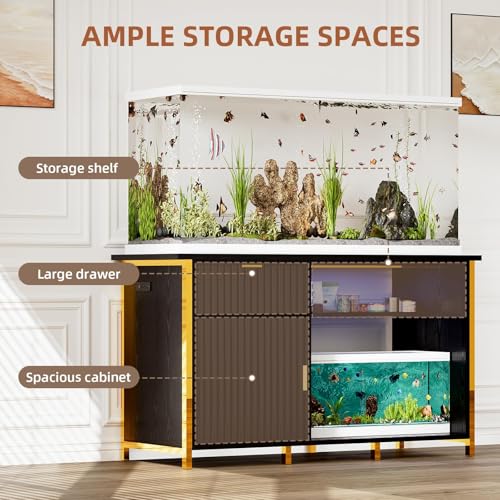 55-75 Gallon Fish Tank Stand, Aquarium Stand with LED Light, Black & Gold | 49 x 20 In Top, Modern Fluted Design, 2 Outlets, 2 USB Ports, Shelf Storage, Metal Frame Support, 1100 LBS, Turtle Tank Stand - color: Black and Gold